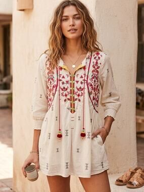 Ethnic by Outfitters Women's Embroidered Boho Tunic Blouse Pom Pom Tassel XS
